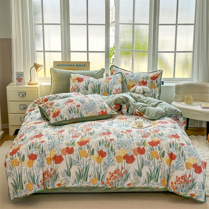 91家纺网 家纺一手货源 找家纺 （总）2025新款三角针贝壳边棉加牛奶绒工艺款四件套