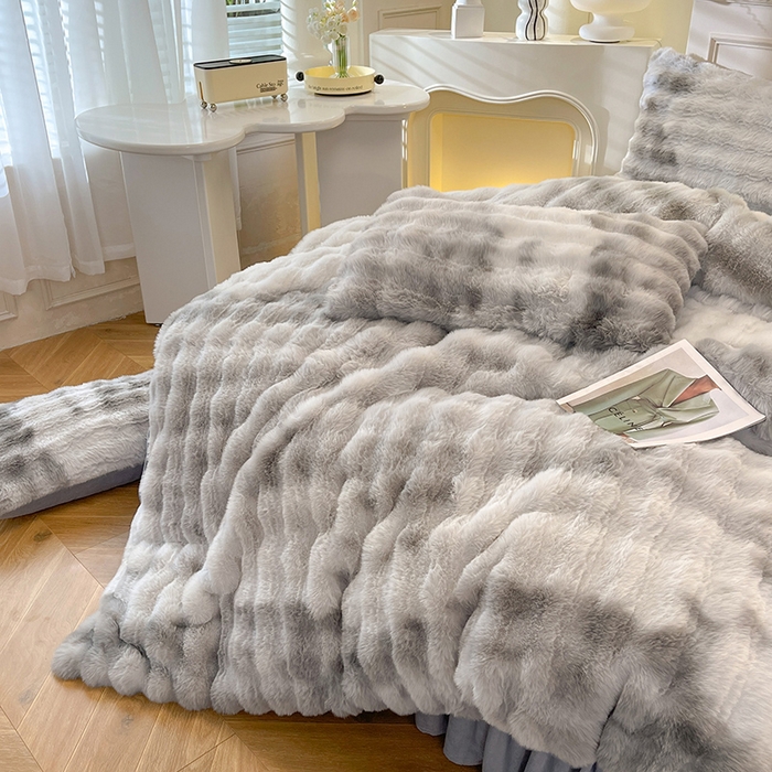 91家纺网 家纺一手货源 找家纺 绒世界 2024新款500克仿兔绒七彩大泡泡四件套 七彩-高级灰