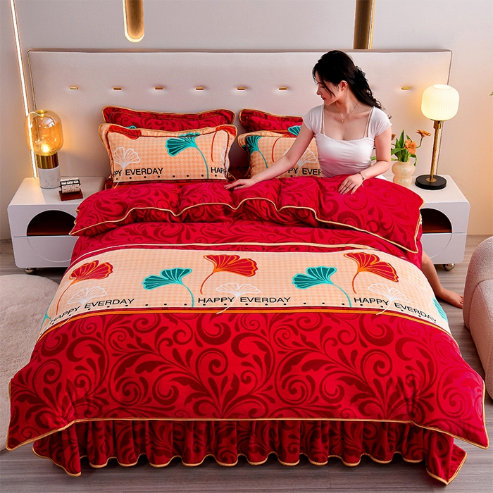 91家纺网 家纺一手货源 找家纺 芯诗曼2025新款8.5斤直播热款高克重牛奶绒法莱绒水晶金貂法莱绒四件套 幸福美满