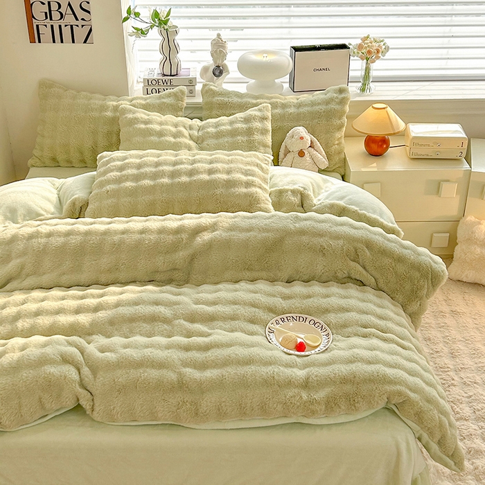 91家纺网 家纺一手货源 找家纺 绒世界 2024直播秋冬新款高克重500克床裙款泡泡四件套纯色印花系列  泡泡-抹茶绿