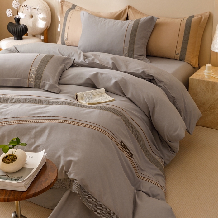 91家纺网 家纺一手货源 找家纺 2024新款A类云柔棉加密柔顺磨毛四件套千鸟格系列 千鸟格-卡其灰