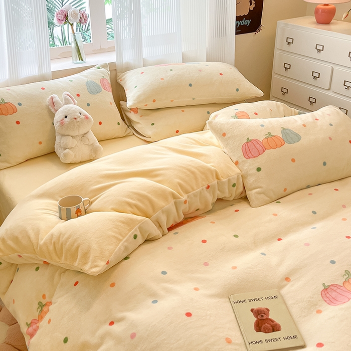 91家纺网 家纺一手货源 找家纺 慕澄家纺 2024新款小清新可爱印花牛奶绒加厚保暖四件套 奶南瓜