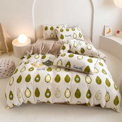 山茶家纺 2024新款舒棉绒牛奶绒印花四件套 舒棉绒-梨子