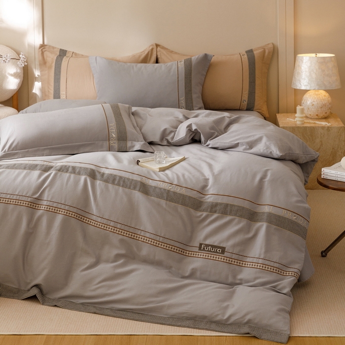 91家纺网 家纺一手货源 找家纺 2024新款A类云柔棉加密柔顺磨毛四件套千鸟格系列 千鸟格-卡其灰