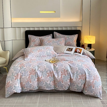 91家纺网 家纺一手货源 找家纺 2024新款全棉生态磨毛四件套 叶语(灰)