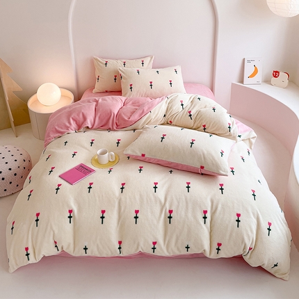 山茶家纺 2024新款舒棉绒牛奶绒印花四件套 舒棉绒 粉花