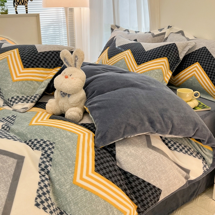 91家纺网 家纺一手货源 找家纺 寐居家纺 2024新款A类小清新牛奶绒印花四件套 简约格