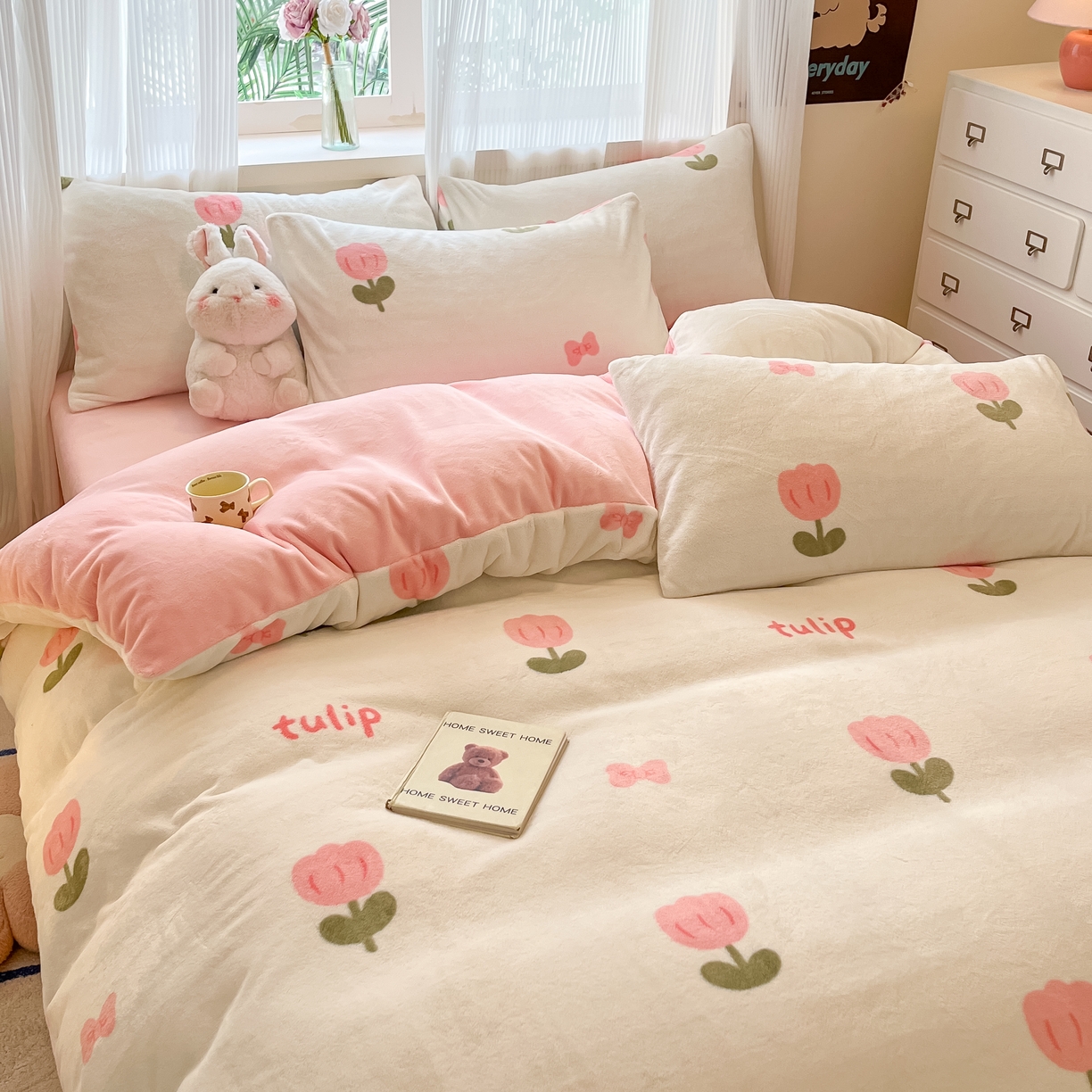 91家纺网 家纺一手货源 找家纺 慕澄家纺 2024新款小清新可爱印花牛奶绒加厚保暖四件套 粉色郁金香