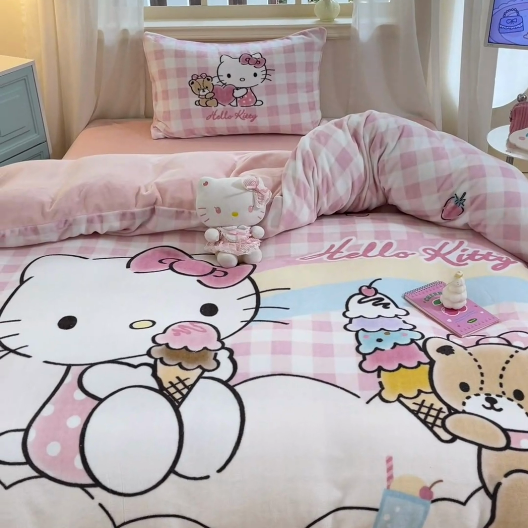 91家纺网 家纺一手货源 找家纺 金爱家 2024新款三丽鸥大版加厚牛奶绒四件套-第二批 绒大版-R彩虹甜筒kitty