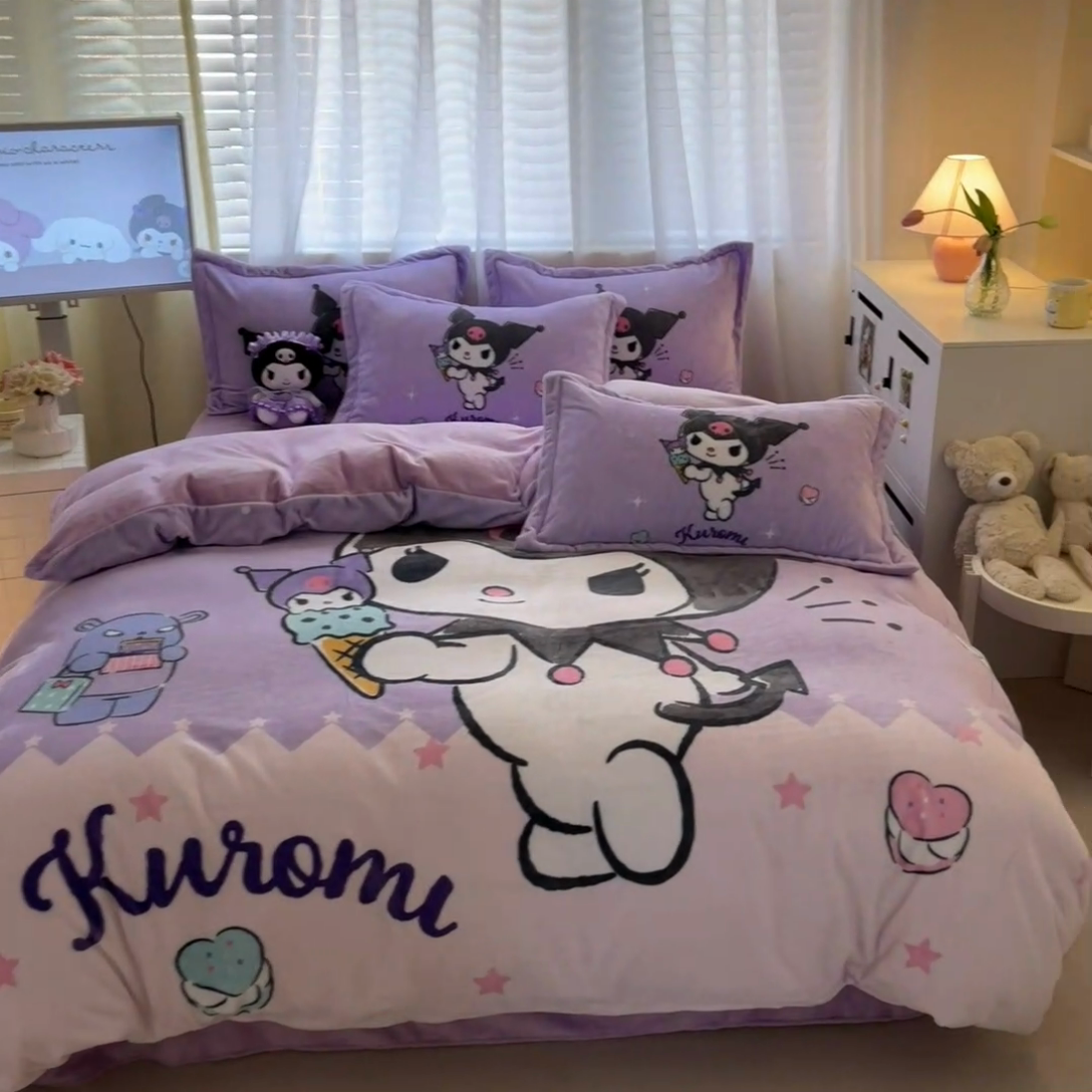 91家纺网 家纺一手货源 找家纺 金爱家 2024新款三丽鸥大版加厚牛奶绒四件套-第二批 冰淇淋库洛米