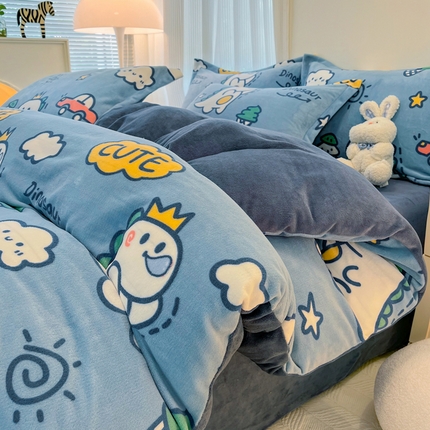 寐居家纺 2024新款A类小清新牛奶绒印花四件套 恐龙宝贝