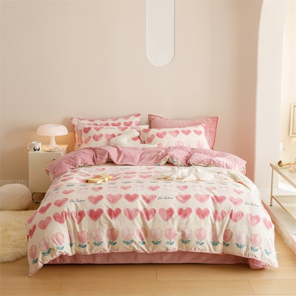 2025新款三角针贝壳边棉加牛奶绒工艺款四件套 心语