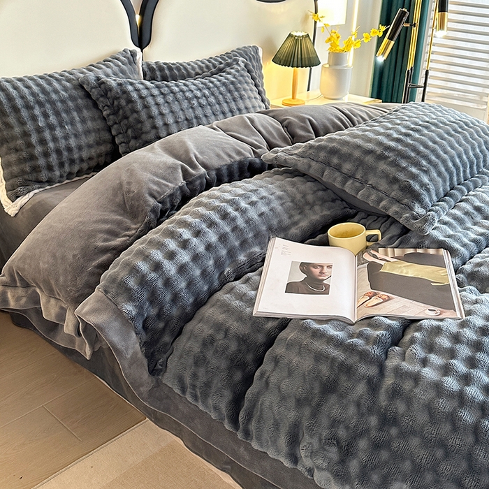 91家纺网 家纺一手货源 找家纺 芸锦豪 2024新款仿兔毛小泡泡兔兔绒兔毛绒四件套 深灰