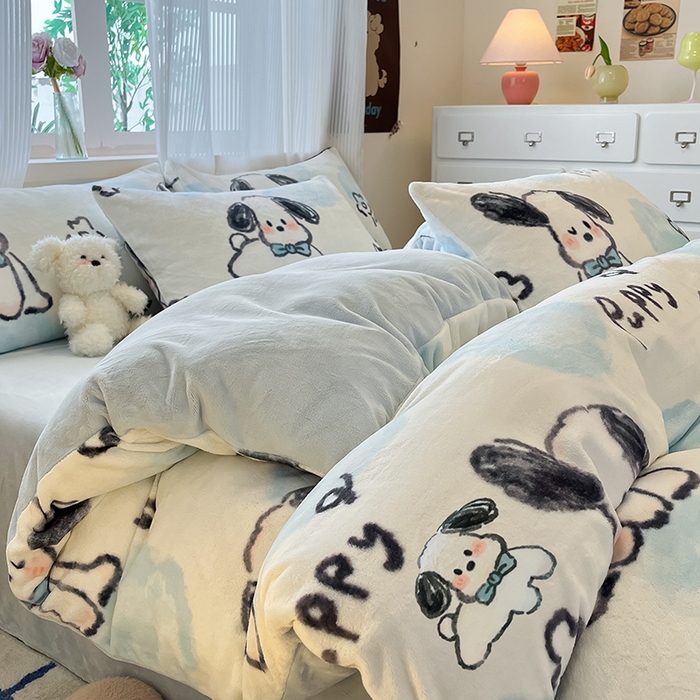 91家纺网 家纺一手货源 找家纺 慕澄家纺 2024新款小清新可爱印花牛奶绒加厚保暖四件套 趣味狗