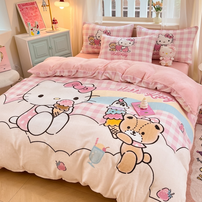 91家纺网 家纺一手货源 找家纺 金爱家 2024新款三丽鸥大版加厚牛奶绒四件套-第二批 绒大版-R彩虹甜筒kitty