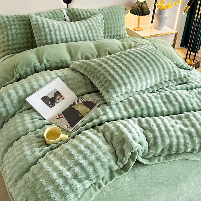 91家纺网 家纺一手货源 找家纺 芸锦豪 2024新款仿兔毛小泡泡兔兔绒兔毛绒四件套 茶绿