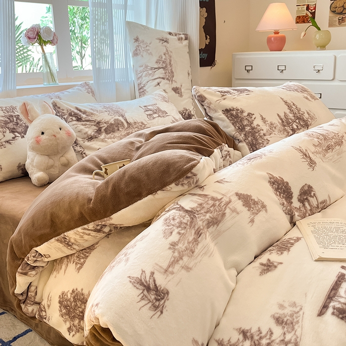 91家纺网 家纺一手货源 找家纺 慕澄家纺 2024新款小清新可爱印花牛奶绒加厚保暖四件套 山水