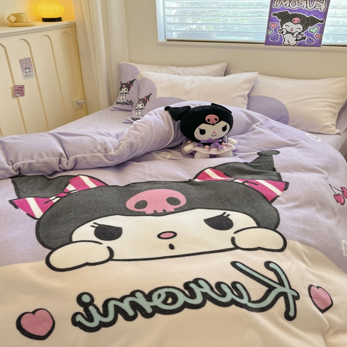 91家纺网 家纺一手货源 找家纺 金爱家 2024新款三丽鸥大版加厚牛奶绒四件套-第二批 绒R呆萌库洛米