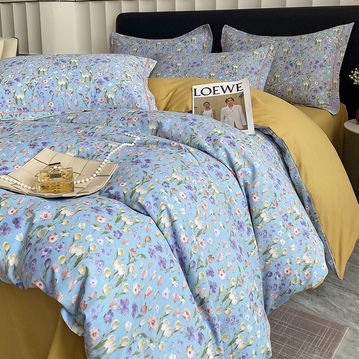 91家纺网 家纺一手货源 找家纺 2024新款全棉生态磨毛四件套 邻家小院(蓝)