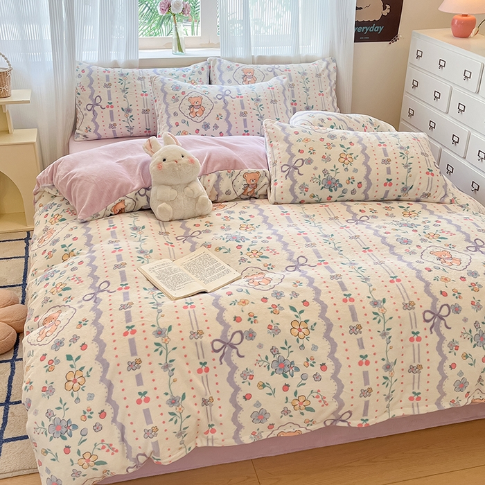 91家纺网 家纺一手货源 找家纺 慕澄家纺 2024新款小清新可爱印花牛奶绒加厚保暖四件套 森系物语