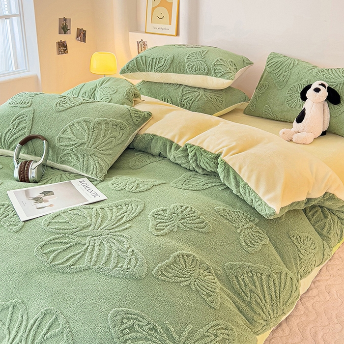 91家纺网 家纺一手货源 找家纺 梦之岛 2024新款高克重提花雕花牛奶绒四件套 蝴蝶公主-黄绿