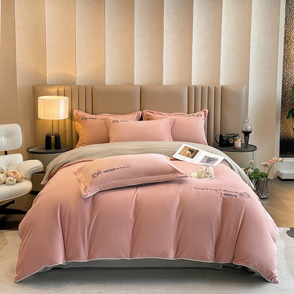 嗯呢家纺 2024新款A类高克重全消光婴儿绒刺绣双拼四件套 豆沙-蜜合灰