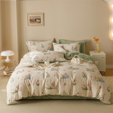 2025新款三角针贝壳边棉加牛奶绒工艺款四件套 兔先生