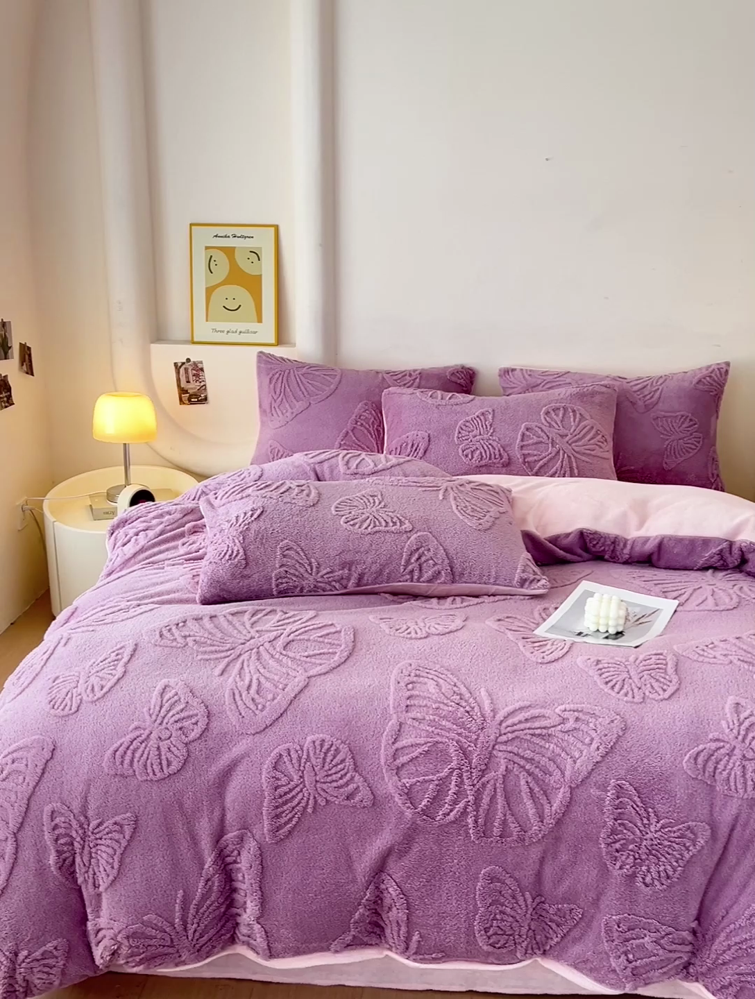 91家纺网 家纺一手货源 找家纺 梦之岛 2024新款高克重提花雕花牛奶绒四件套 蝴蝶公主-紫粉