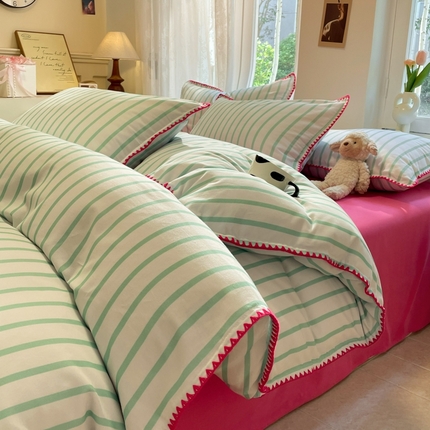 91家纺网 家纺一手货源 找家纺 （总）莱茵家居 2024新款100%全棉A类加厚磨毛彩条贝壳边四件套