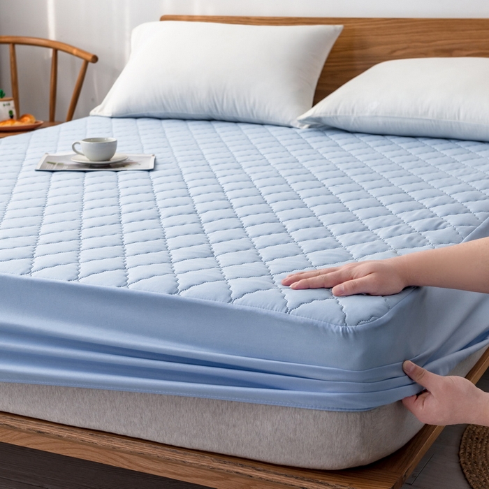 91家纺网 家纺一手货源 找家纺 2024新款加厚夹棉防水床笠素色-【四季款】 淡雅蓝