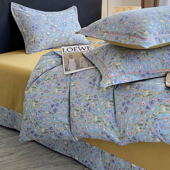 91家纺网 家纺一手货源 找家纺 2024新款全棉生态磨毛四件套 邻家小院(蓝)