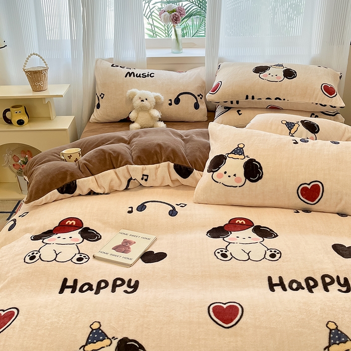 91家纺网 家纺一手货源 找家纺 慕澄家纺 2024新款小清新可爱印花牛奶绒加厚保暖四件套 酷酷狗