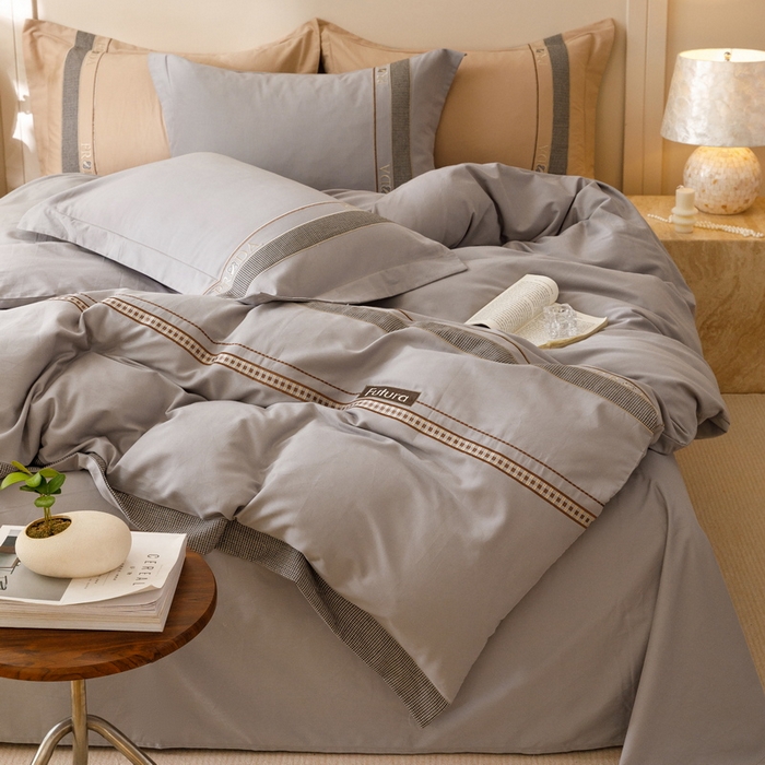 91家纺网 家纺一手货源 找家纺 2024新款A类云柔棉加密柔顺磨毛四件套千鸟格系列 千鸟格-卡其灰