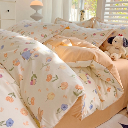 91家纺网 家纺一手货源 找家纺 寐居家纺 2024新款A类全棉简约生态磨毛四件套 磨毛-花间兔