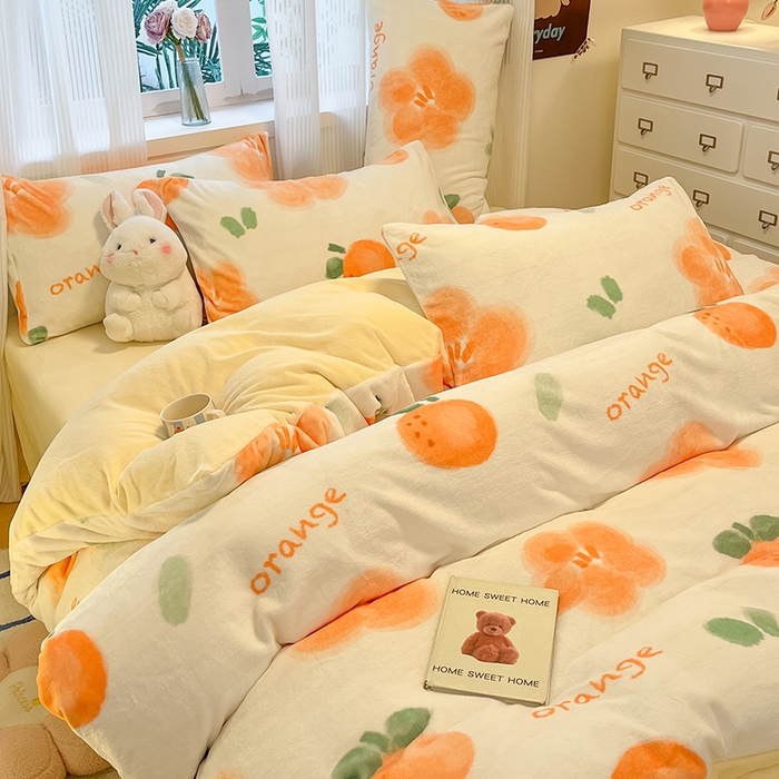 91家纺网 家纺一手货源 找家纺 慕澄家纺 2024新款小清新可爱印花牛奶绒加厚保暖四件套 橙意满满