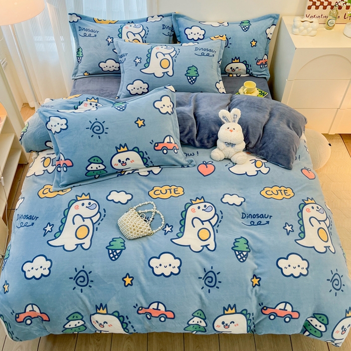 91家纺网 家纺一手货源 找家纺 寐居家纺 2024新款A类小清新牛奶绒印花四件套 恐龙宝贝