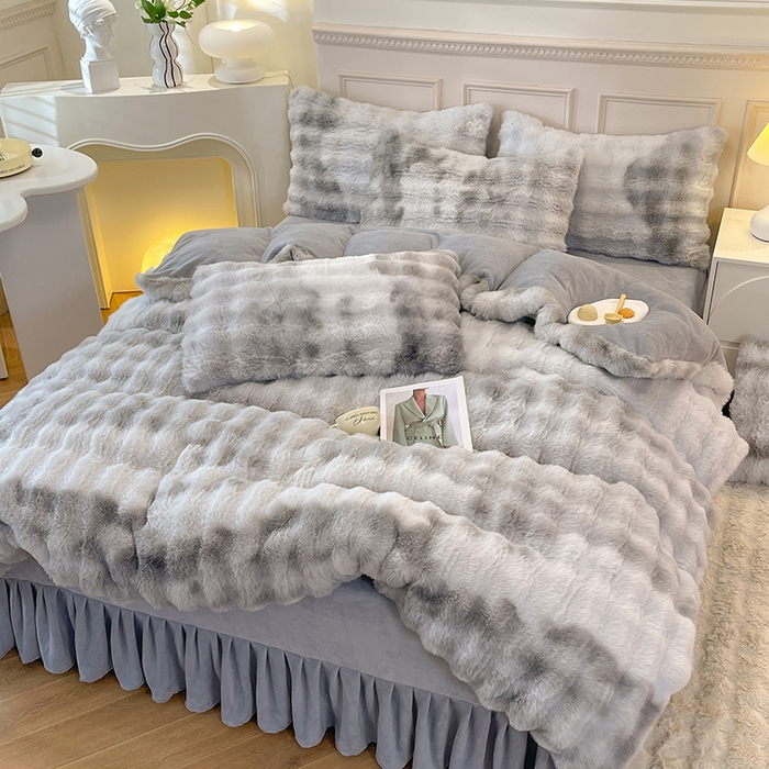 91家纺网 家纺一手货源 找家纺 绒世界 2024直播秋冬新款高克重500克床裙款泡泡四件套纯色印花系列  七彩-高级灰