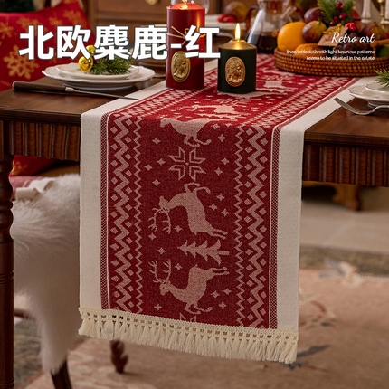 91家纺网 家纺一手货源 找家纺 南通大梧纺织 2024新款防水棉麻桌旗北欧麋鹿  北欧麋鹿-红