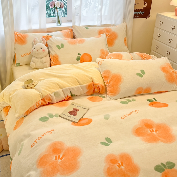 91家纺网 家纺一手货源 找家纺 慕澄家纺 2024新款小清新可爱印花牛奶绒加厚保暖四件套 橙意满满
