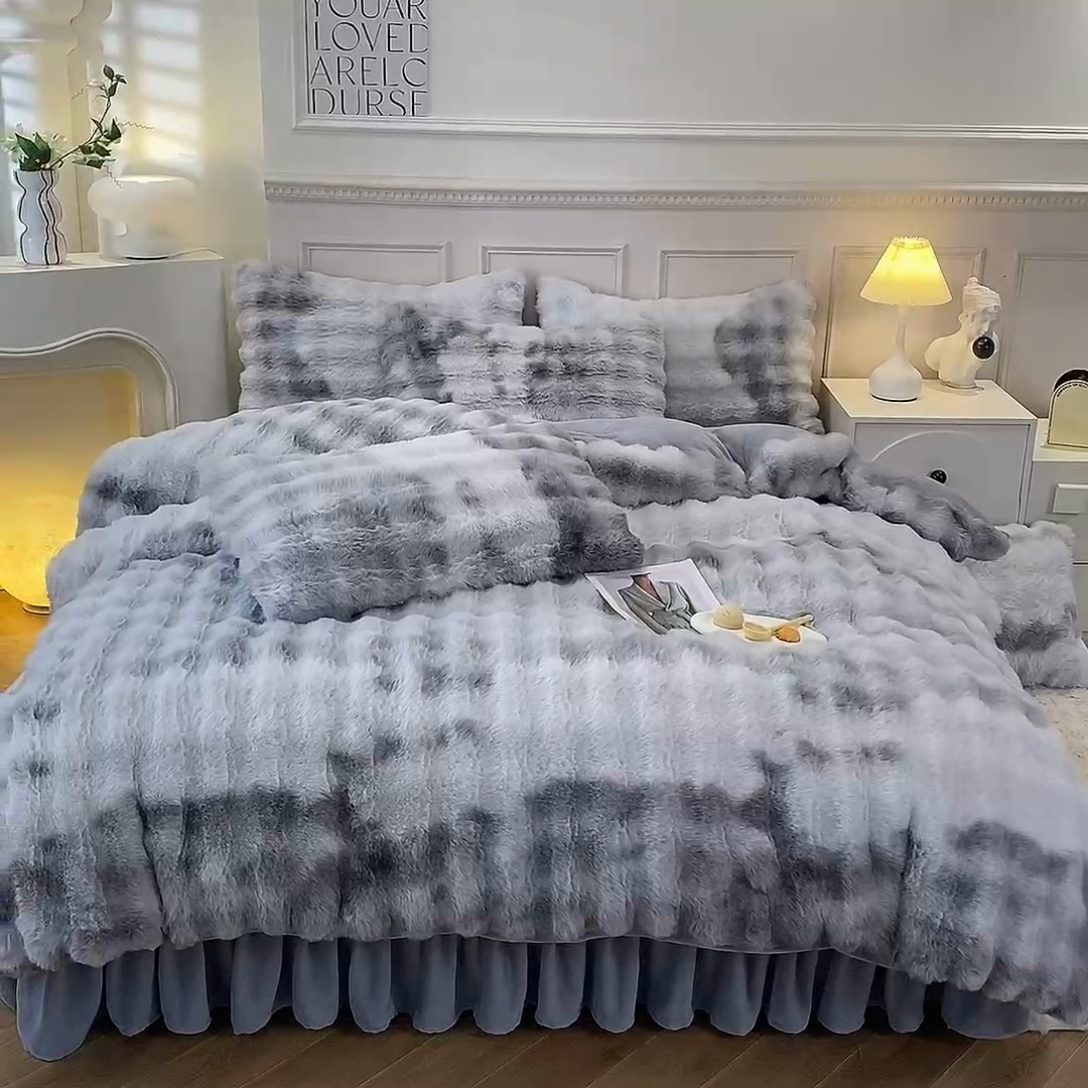 91家纺网 家纺一手货源 找家纺 绒世界 2024新款500克仿兔绒七彩大泡泡四件套 七彩-高级灰