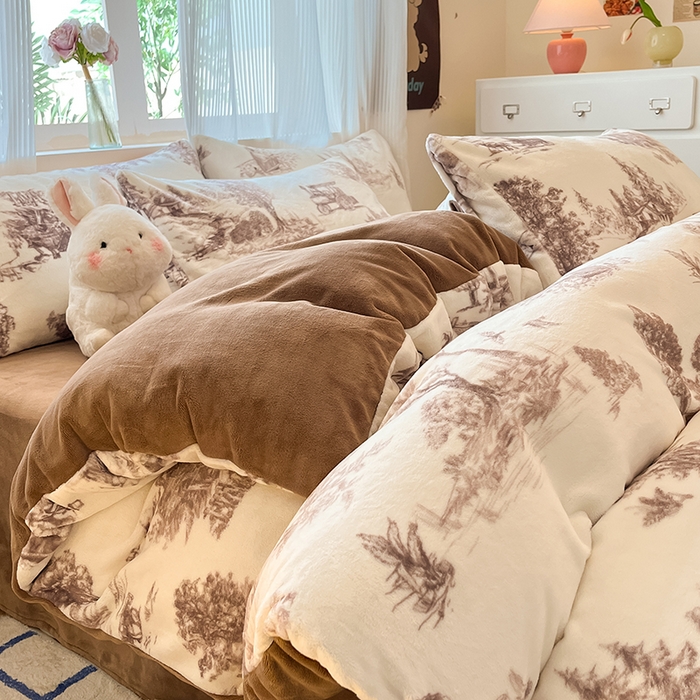 91家纺网 家纺一手货源 找家纺 慕澄家纺 2024新款小清新可爱印花牛奶绒加厚保暖四件套 山水