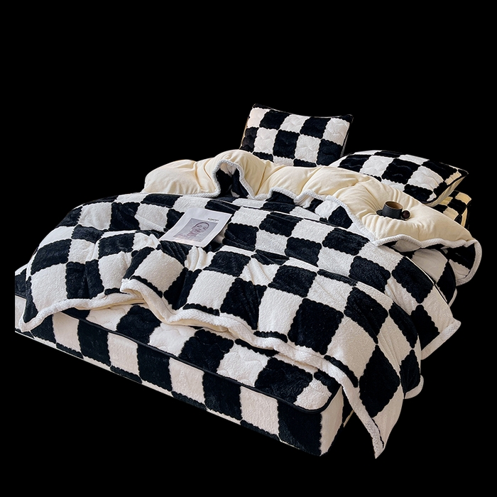 91家纺网 家纺一手货源 找家纺 2024新款A类北极绒格子-条纹系列宽包边加厚被套（暖光图） 棋盘格-黑白
