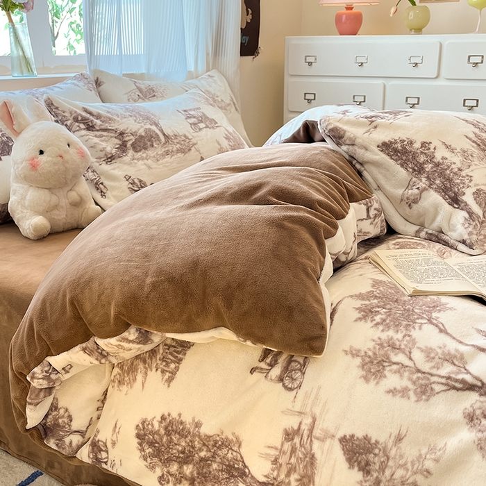 91家纺网 家纺一手货源 找家纺 慕澄家纺 2024新款小清新可爱印花牛奶绒加厚保暖四件套 山水