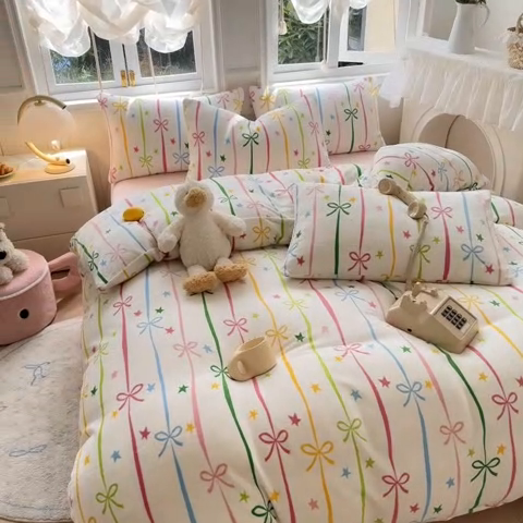 91家纺网 家纺一手货源 找家纺 2025新款小清新双面牛奶绒四件套 蝴蝶结