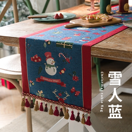 91家纺网 家纺一手货源 找家纺 南通大梧纺织 2024新款色织提花圣诞氛围桌旗- 圣诞供货 第一批 雪人蓝