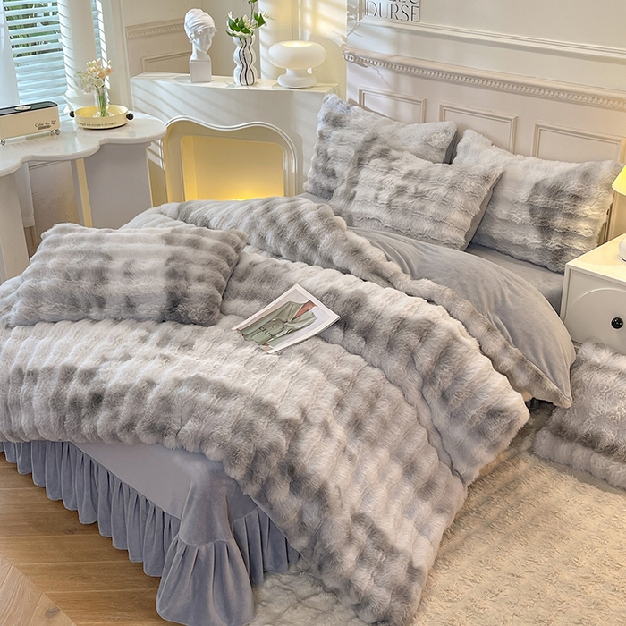 91家纺网 家纺一手货源 找家纺 绒世界 2024直播秋冬新款高克重500克床裙款泡泡四件套纯色印花系列  七彩-高级灰