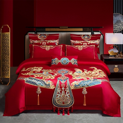 用心 2025年新款长绒棉重工绣花婚庆四件套多件套 龙凤嫁衣