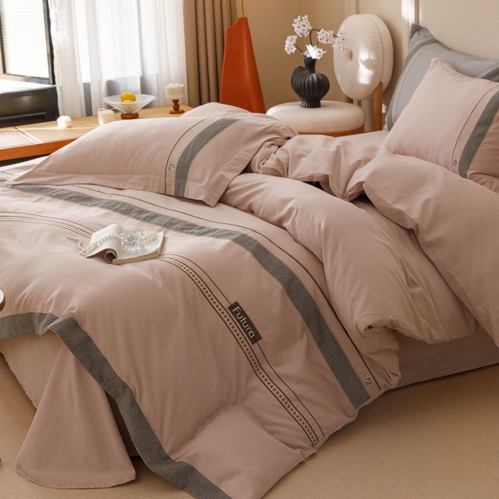 91家纺网 家纺一手货源 找家纺 2024新款A类云柔棉加密柔顺磨毛四件套千鸟格系列 千鸟格-浅豆沙