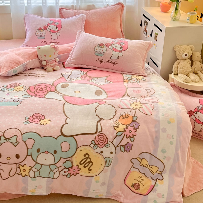 91家纺网 家纺一手货源 找家纺 金爱家 2024新款三丽鸥大版加厚牛奶绒四件套-第二批 熊熊兔美乐蒂