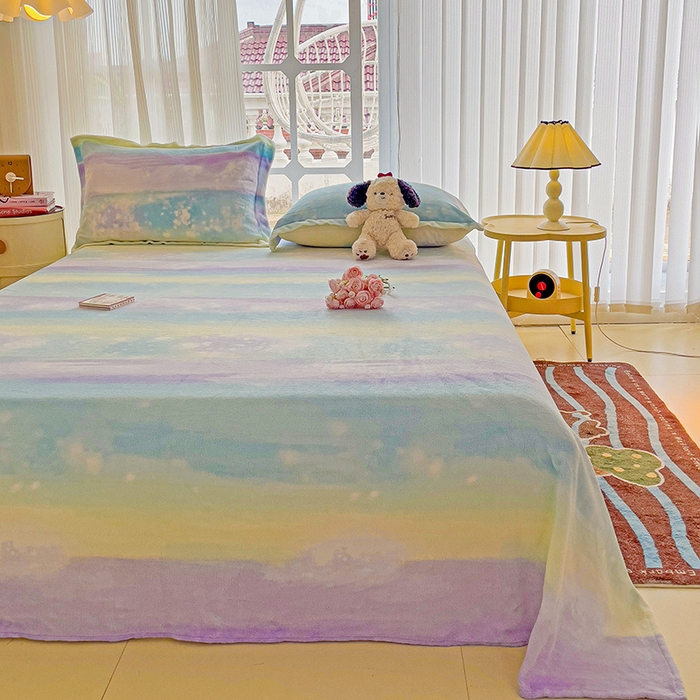 91家纺网 家纺一手货源 找家纺 名兮家居 2024新款时尚卡通风高克重牛奶绒床单-盖毯 彩色的梦